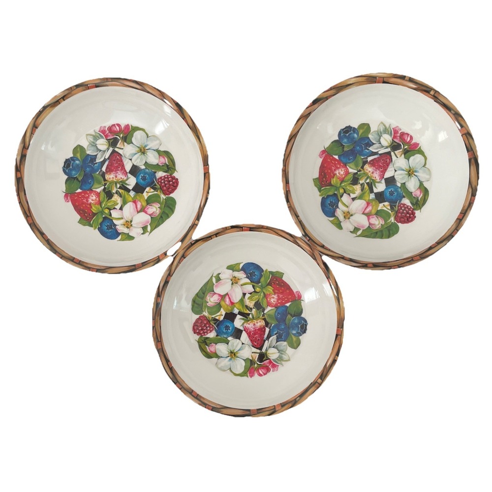 Mackenzie Childs Berries and Blossoms 7.75" Bowl Set Of 3 Holiday Present Gift